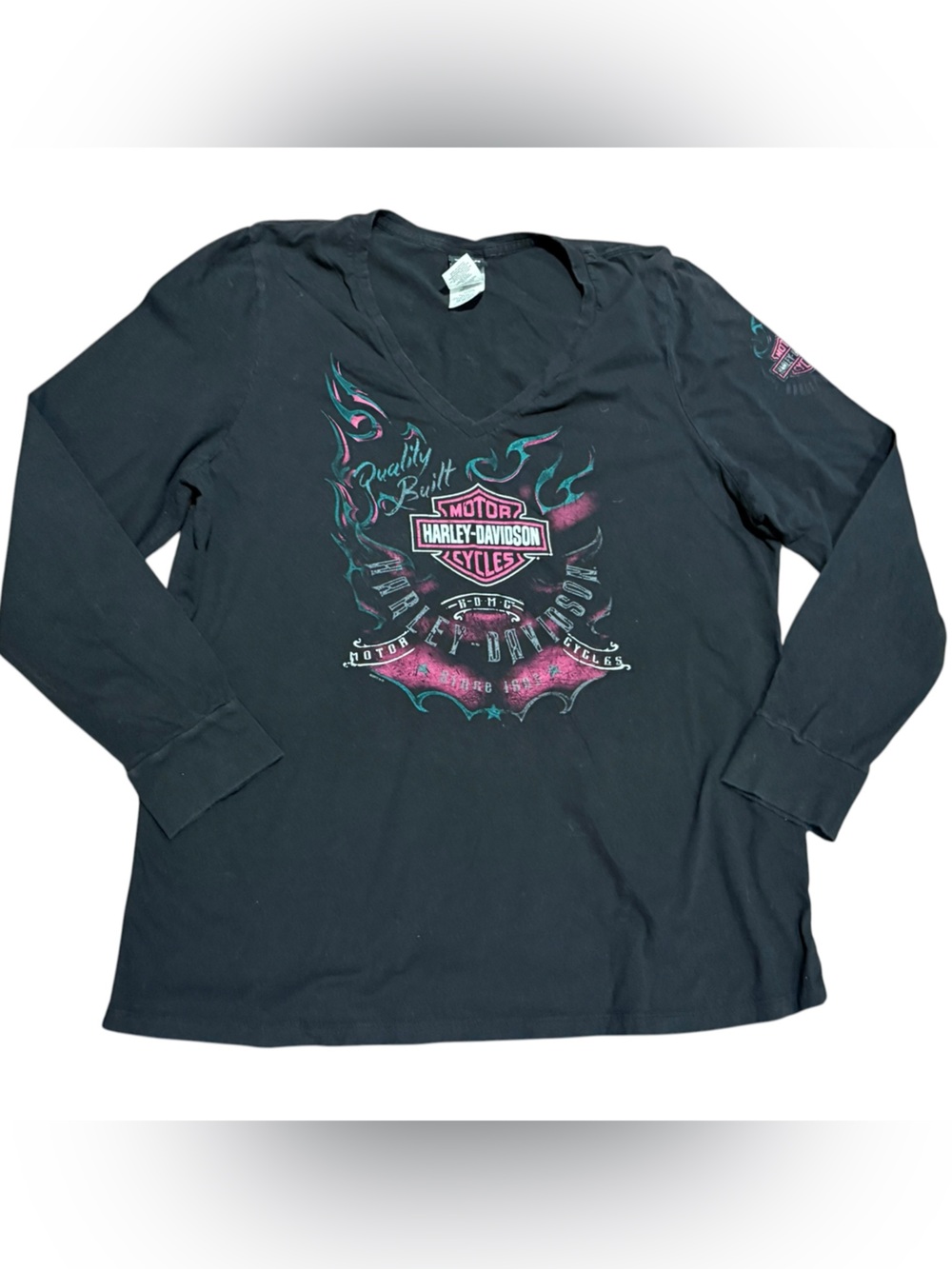 Harley-Davidson Women’s 2XBlack Long Sleeve Tee with Pink and Teal Flame Graphic